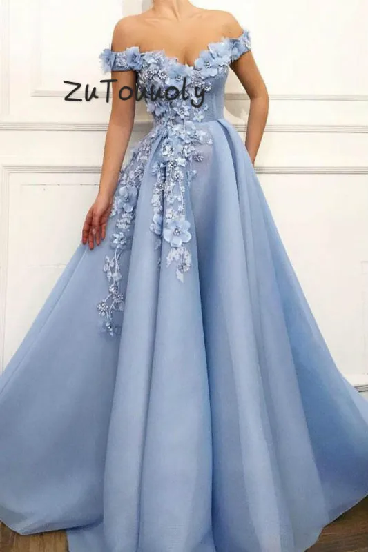 Baby Blue Prom Dresses A Line Off Shoulder Full Length Long