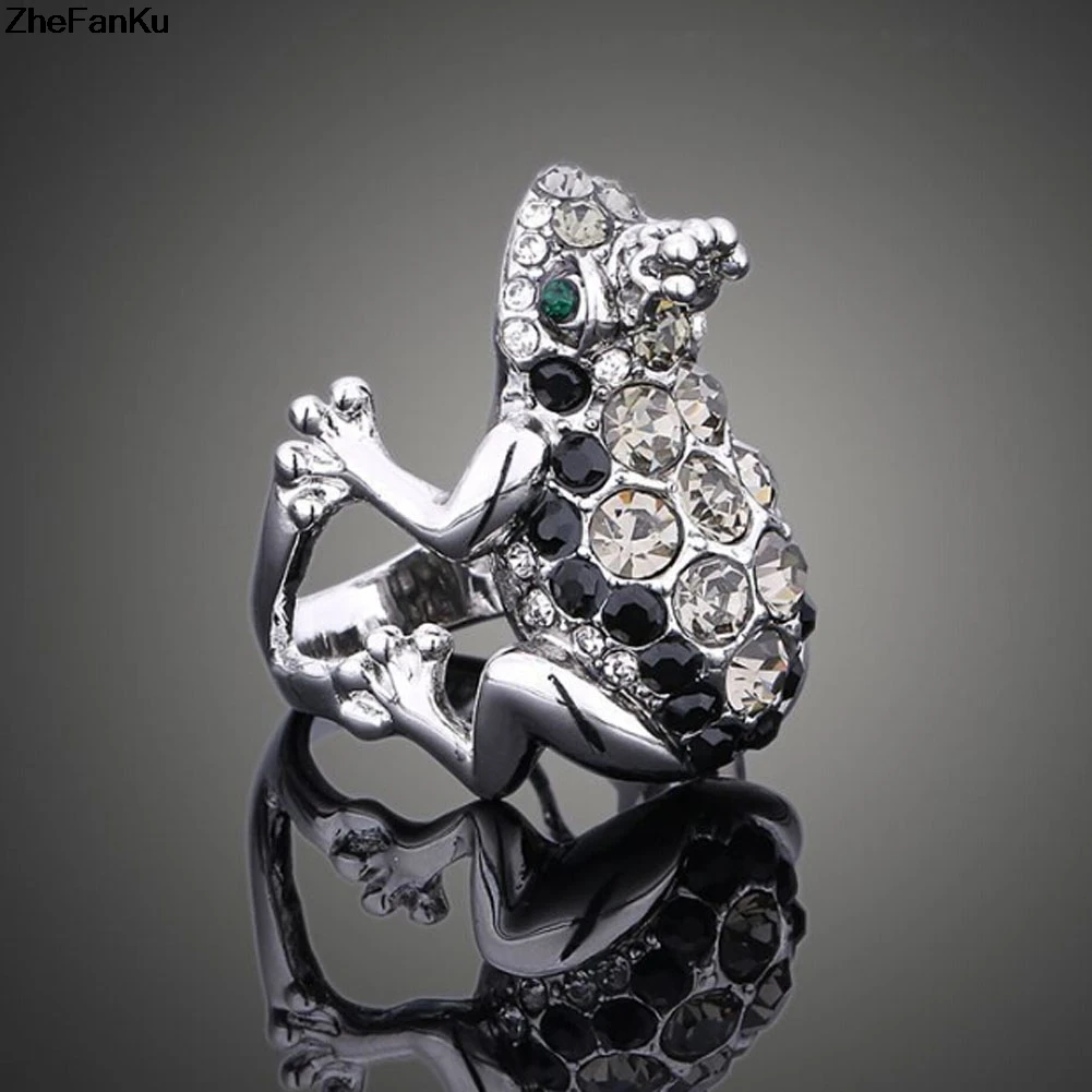

New Wholesale Retro Antique Silver Color Alloy Frog Ring With Gray Crystals Jewelry Dropshipping