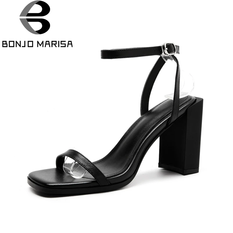 

BONJOMARISA 2018 Genuine Leather Brand Trendy Summer Sandals Shoes Women High Heels Party ankle-strap Woman Shoes