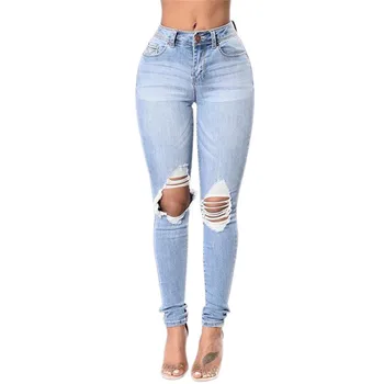 

Fashion Women 2017 Woman Blue Destroyed Jeans Stretch Pants Femme Denim Ripped Hole Jeans