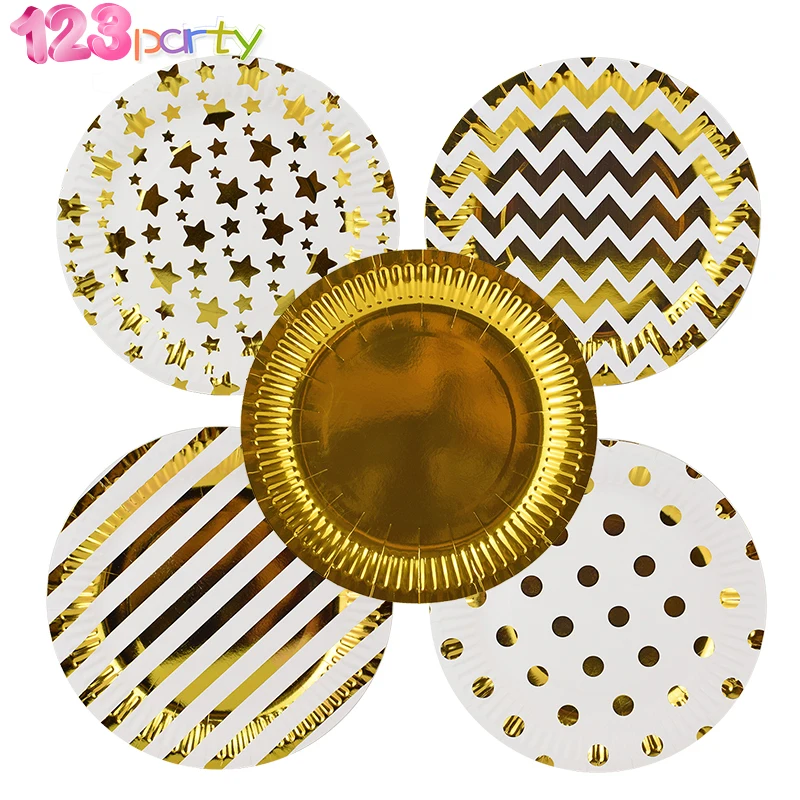 

10pcs/lot Gold Foil Star Disposable Tableware Party Paper Plates Cups Baby Shower Paper Drinking Straws Wedding Supplies