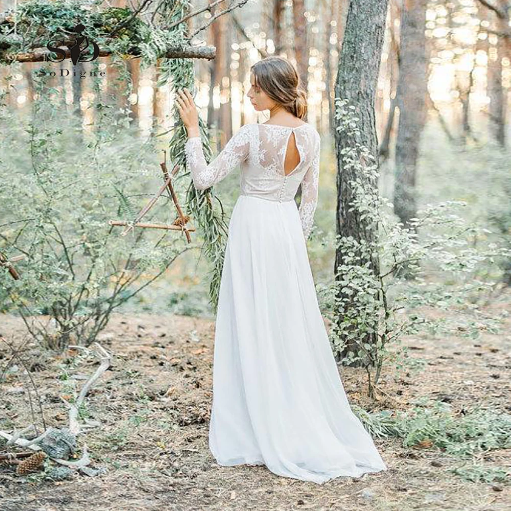 

Simple Wedding Dress Long Sleeves Lace-top Plus size Elegant Sweep-floor Buttons Vestido De Novia Playa