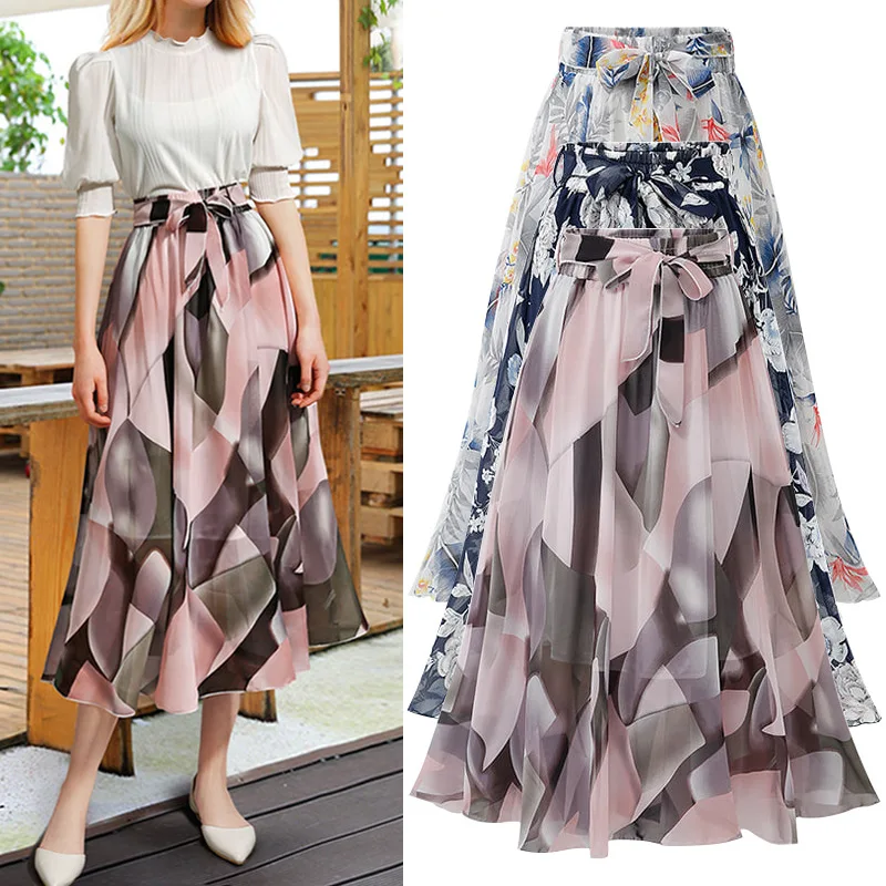 

Summer Sexy Women Lace Up Chiffon Skirts Fashion High Waist Ruffles Loose Long Wrap Skirt 2019 New Ladies Printed Outwear Cloth