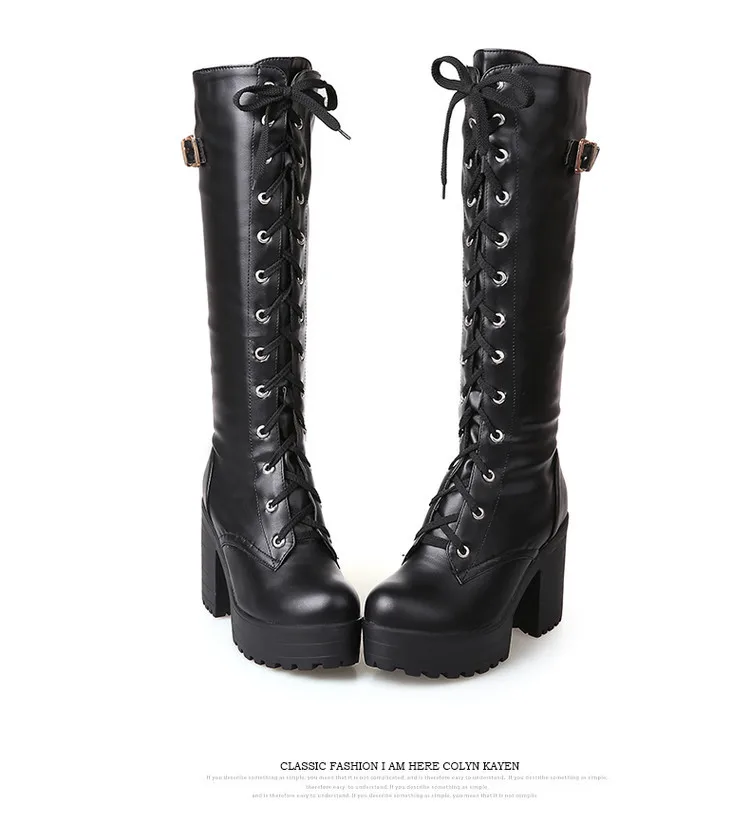 

2018 HOT Women Winter Warm Knee-High High Boots Platform Pu Leather Thick High Heels 9.5CM Fashion Boots Woman Shoes Black White