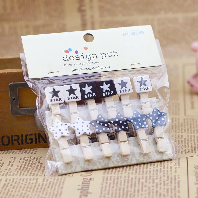 

JZ042 60Pcs/Lot Color black white star shape Wooden clips photo memo Paper scrapbook DIY home decoration craft