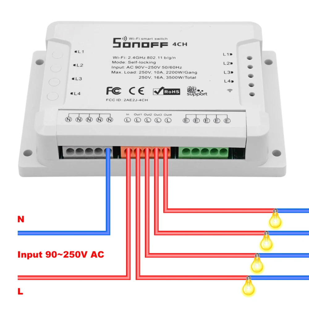 5 шт. Sonoff 4CH R2 4 канала 4 банды 10 А дистанционный светильник переключатель Wifi беспроводное управление 4 устройства Alexa Умный Google домашняя Автоматизация