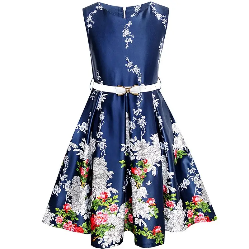 Sunny Fashion Girls Dress Navy Blue Flower Belt Vintage Party Sundress 2017 Summer Princess Wedding Dresses