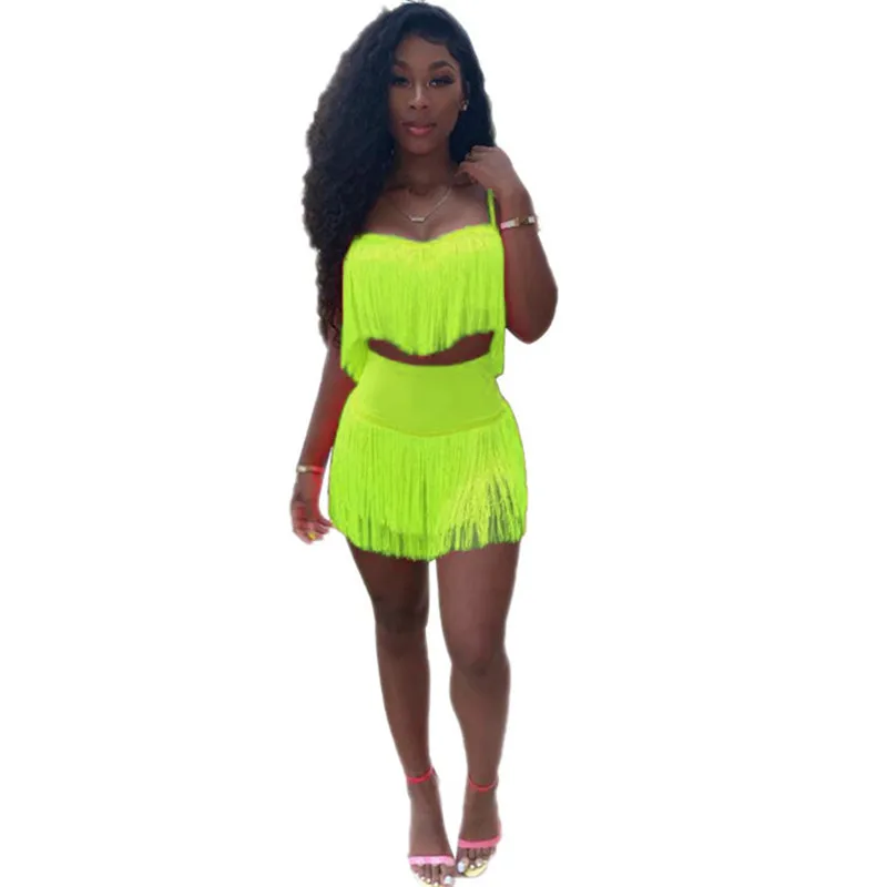 

Sexy Tassel Two Piece Set Women Summer Clothes Crop Top Mini Skirt Set Suit Festival Club 2 Piece Matching Women Sets Outfit