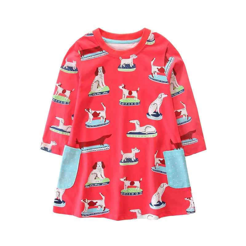 Платья; Одежда для девочек; осенние Вечерние платья из хлопка для маленьких девочек; От 2 до 7 лет; Новая модная детская одежда; Детские платья с длинными рукавами и изображением животных - Цвет: T1106 RED DOG