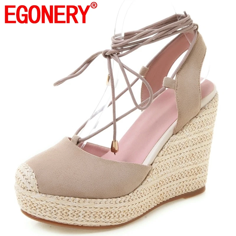 

EGONERY shoes woman summer new concise casual super high wedges platform woman sandals outside cross-tied kid suede ladies shoes