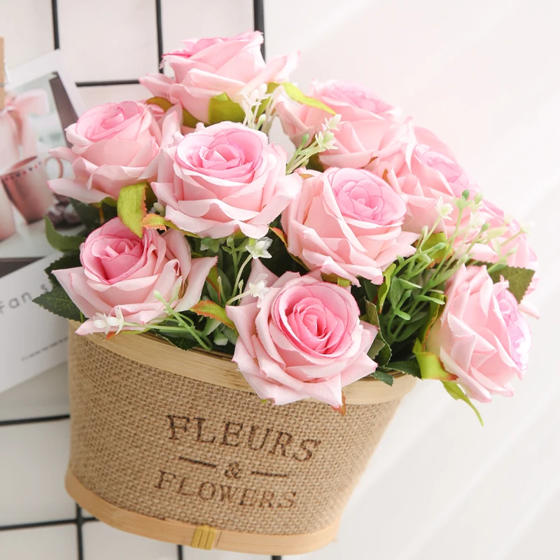 

yumai 12 Head High 35 cm Pink Roses Bouquets Artificial Flowers Bride Holding Rose Flower Wedding party Decor Accessory