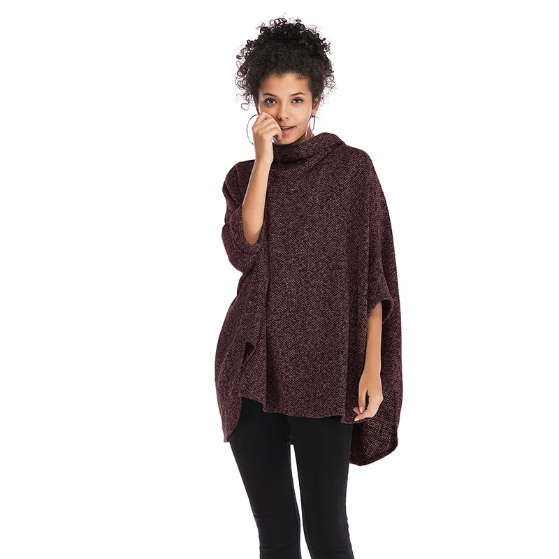 

Autumn And Winter New Europe And America Women's Bat Sleeve Irregular Cloak Jacket Female Loose Large Size High Collar Sweater