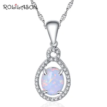 

ROLILASON Zircon Inlay White Fire Opal Silver Stamped 925 Pendants for women Wedding Fashion jewelry OP482