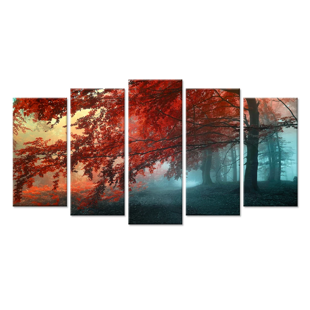 

Large Multi Panels Giclee Prints Wall Art Red Maple Trees Forest Autumn Landscape Painting Print Canvas For Living Room Decor