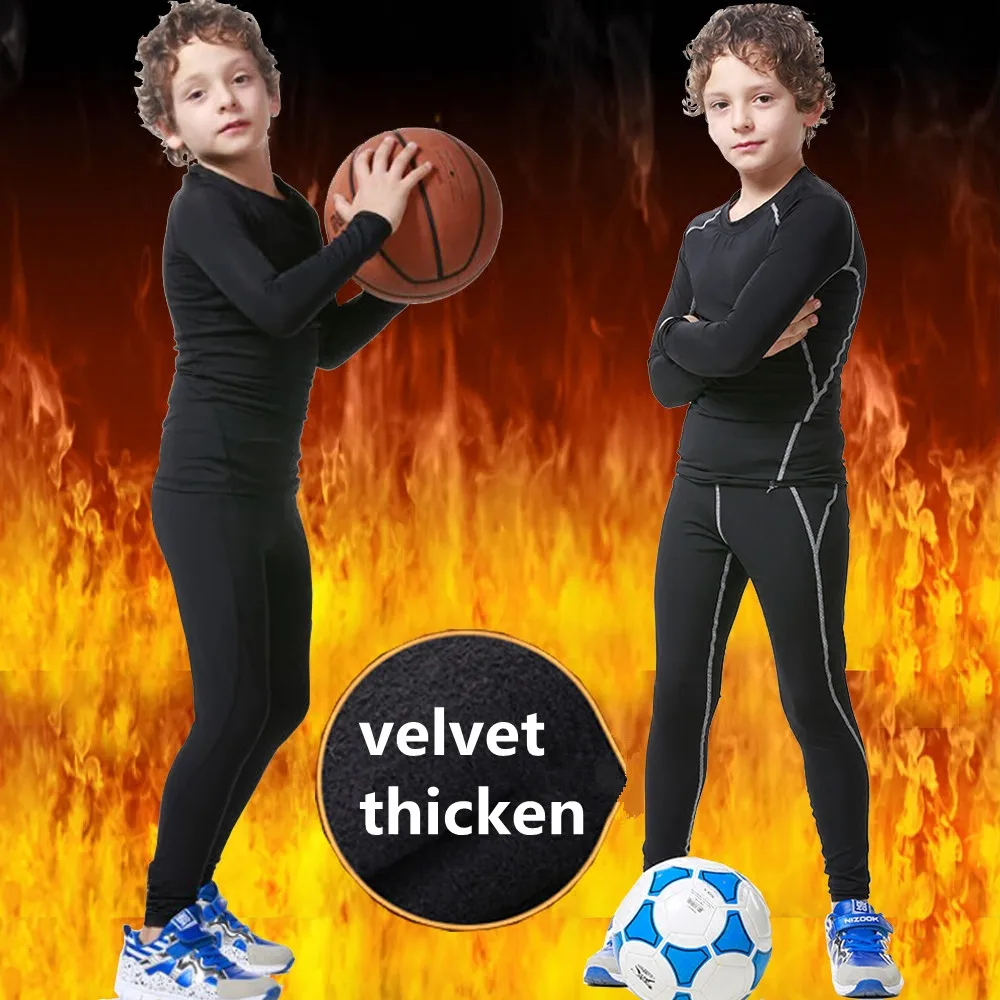 

2017 Winter velvet thicken Kids Child compression running suits sets survetement football youth soccer training skinny leggings