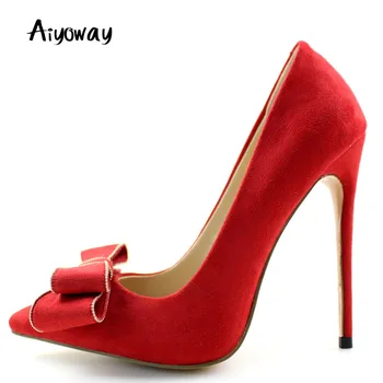 

Sweet Ladies Pointed Toe Faux Suede Bow High Thin Heel Pumps Aiyoway Autumn Spring Fashion Women Party Wedding Shoes
