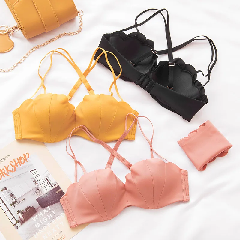 

Wasteheart Women Fashion Yellow Sexy Lingerie Set One-Piece Bra Cotton Panties Padded Push Up Wireless Bra Set Underwear A B
