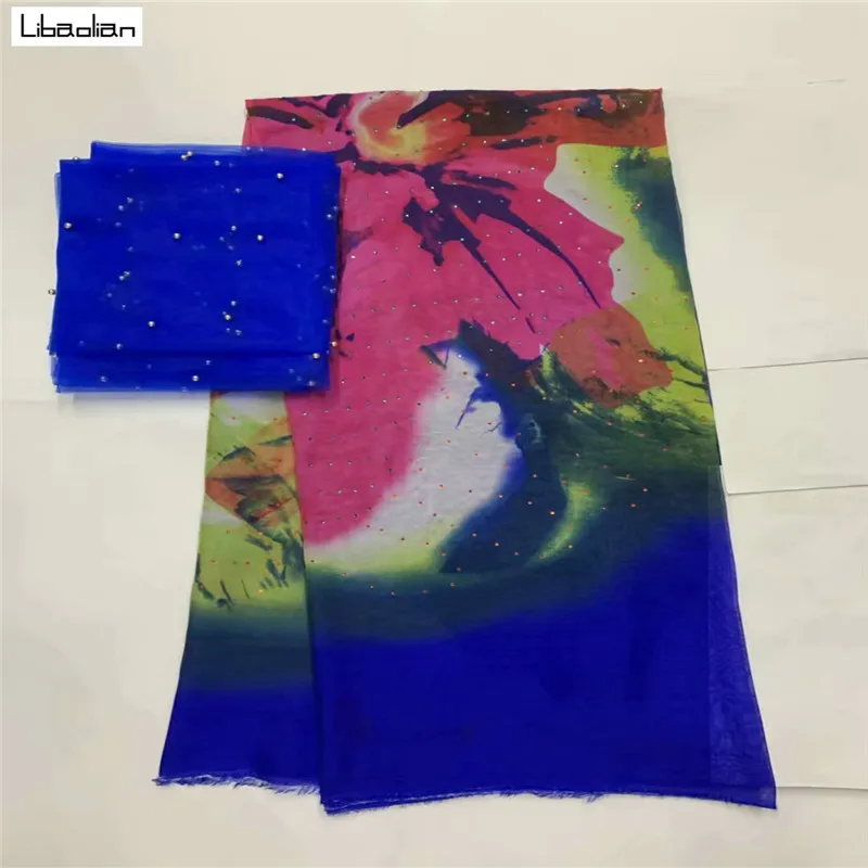 

Beautiful 100%silk fabric soft satin fabric high quality fabric 5+2yards tulle net lace nice prints for party dress S95-23