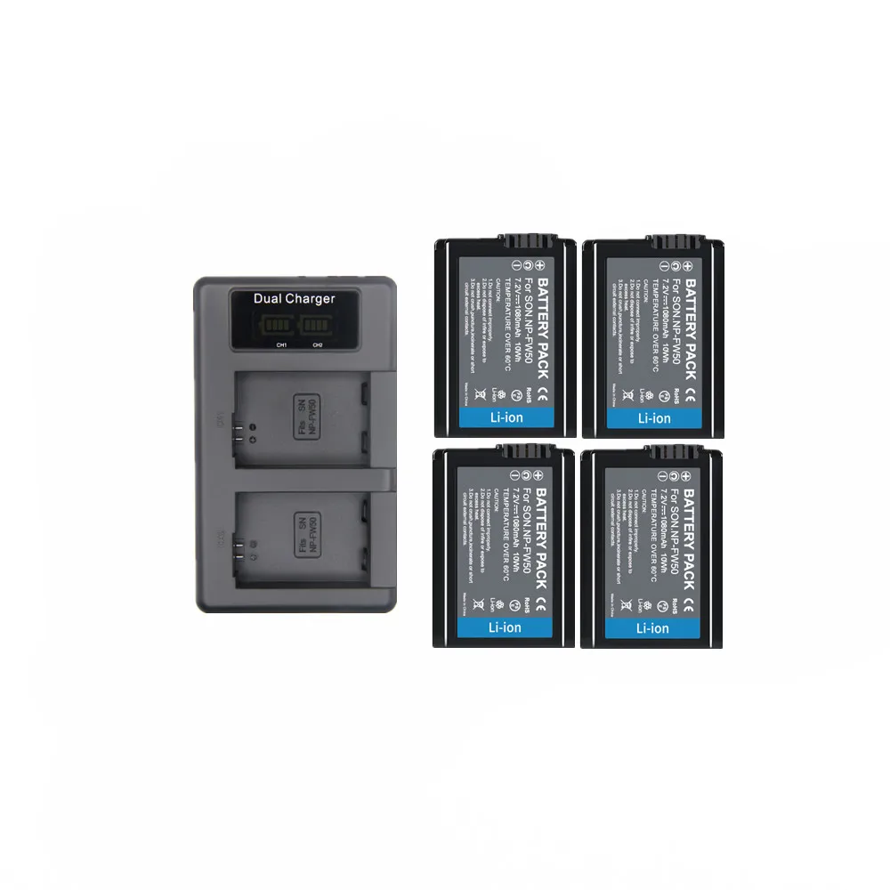4 шт. 1080 мА/ч, NP-FW50 NP FW50 NPFW50 Батарея Akku емкостью+ LCD Dual charger для sony Alpha a6500 a6300 a7 7R a7R a7R II a7II NEX-3 550D