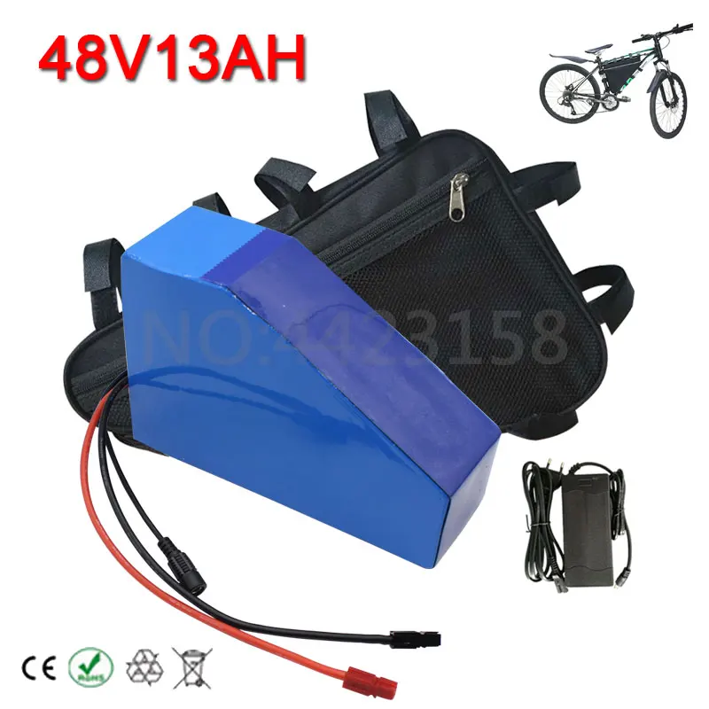 

1000W 48V Lithium Battery 48V 13AH Battery Pack 48 Volt Triangle Ebike Battery 13AH use 2600MAH cell 30A BMS 2A Charger Free Bag