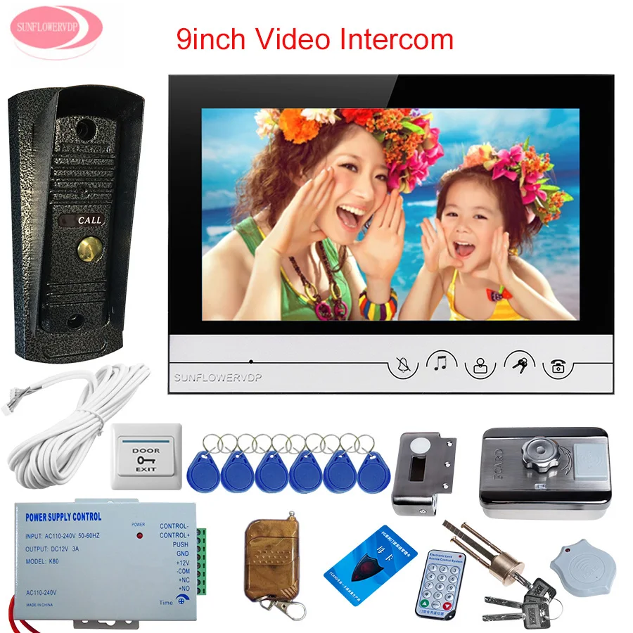 

9 "Color Video Intercom Videophone With Metal Waterproof Camera Condo Intercom Video Door Phone Set + Rfid Cards Electronic Lock