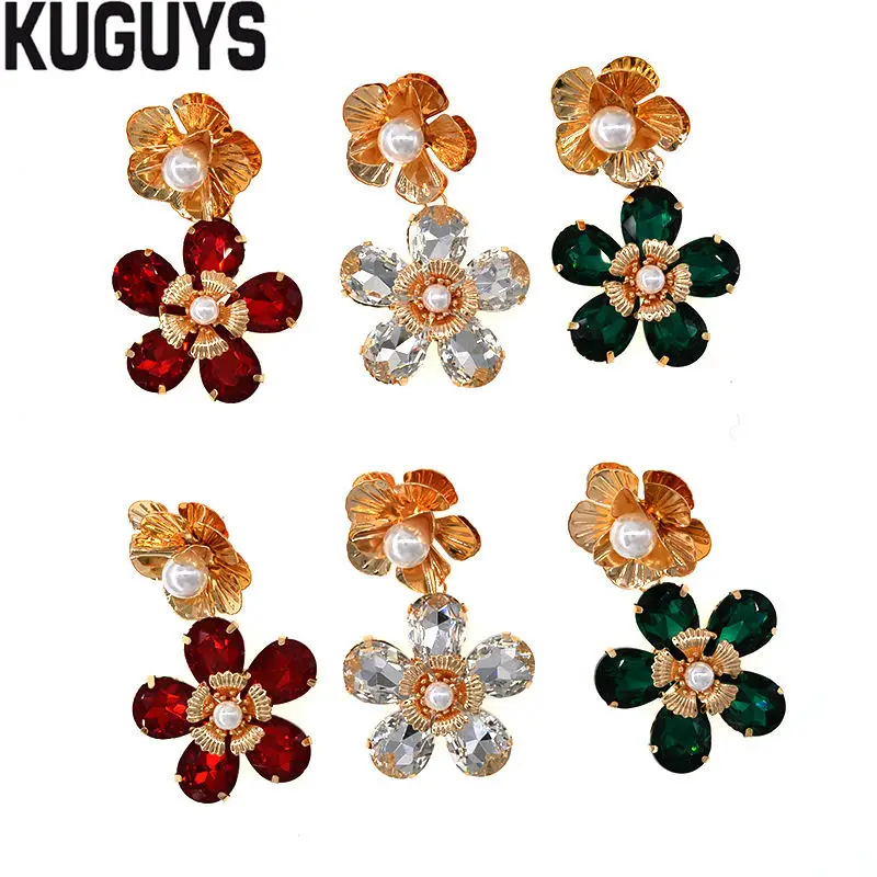 

KUGUYS Vintage Pearl Crystals Large Drop Earrings for Women Trendy Jewelry Fashion Baroque Gold Flowes Earring Party Accessories
