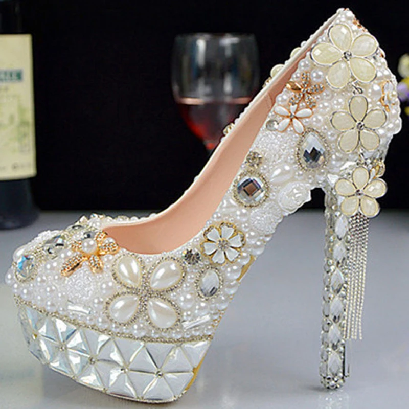 Princess pearl rhinestone wedding shoes stiletto platform crystal flower bridal shoes bridesmaid shoes