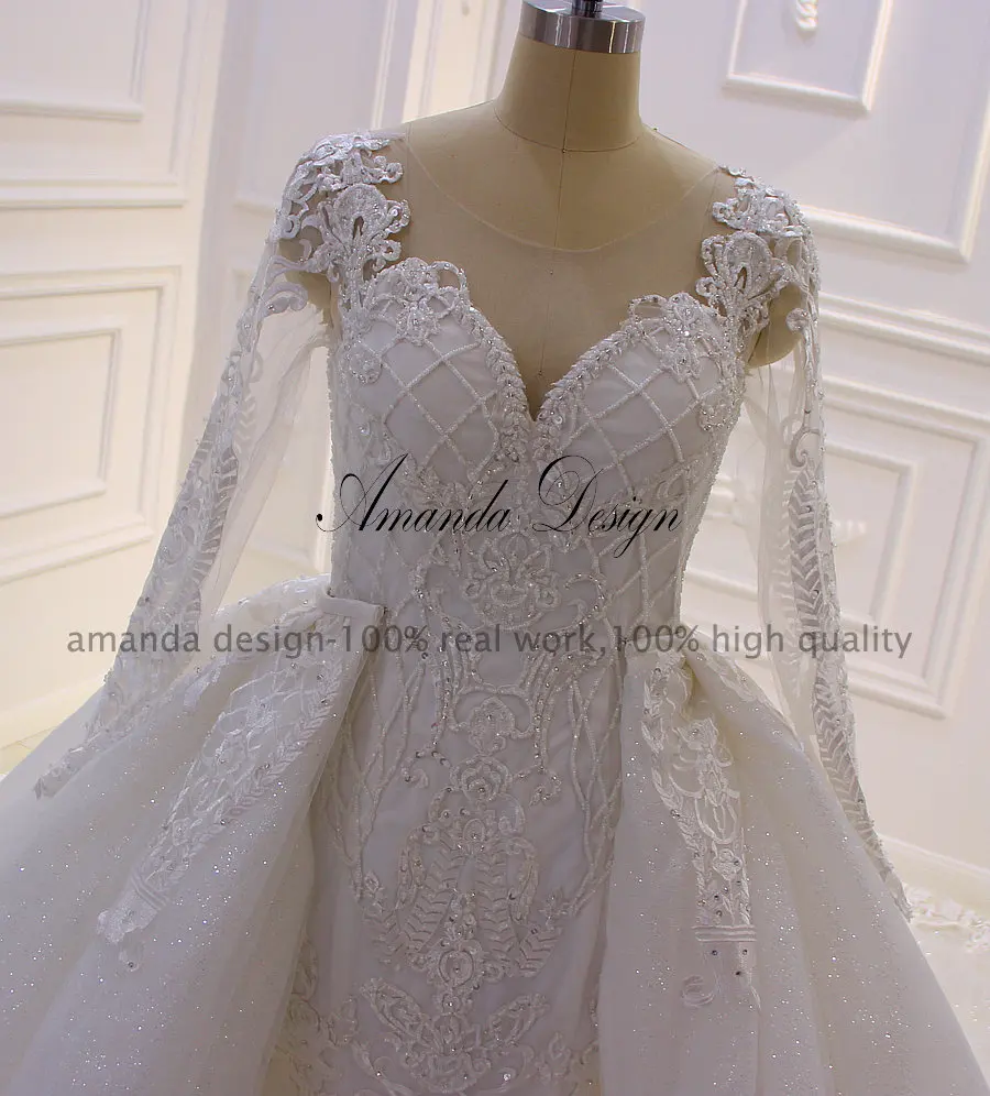 Аманда дизайн hochzeitskleid полный рукав кружева аппликация сверкающие съемные юбки свадебное платье