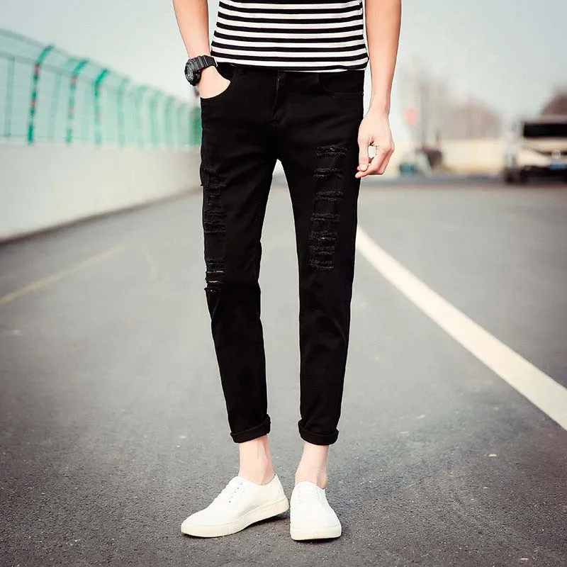 Funky Для мужчин модные зауженные джинсы штаны рваные черные эластичные промывают Увядшие Slim Fit Длинные джинсы брюки с отверстием для молодых