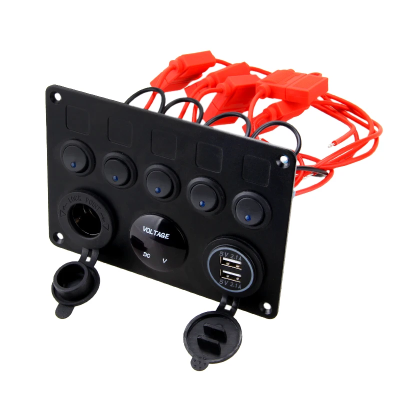 Caixa de Fusível Inline Gang Azul Rocker Switch Painel Voltímetro Dupla Usb Carregador Tomada 12 v 24 Veículo Iate Navio Carro Barco Marinho 5 Led 4 Caixa de fusível inline 5 gang azul