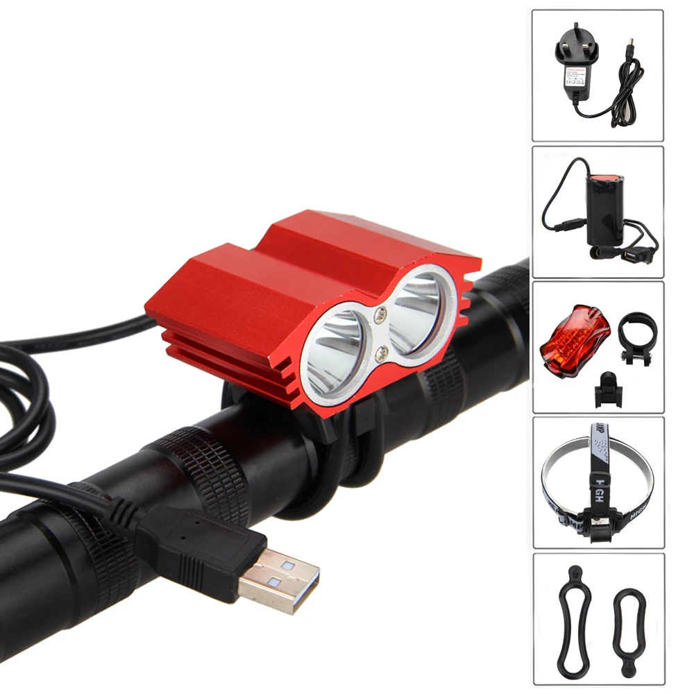 Водонепроницаемый USB велосипедный фонарь с двумя лампами 5000lm 2x XML T6 светодиодный