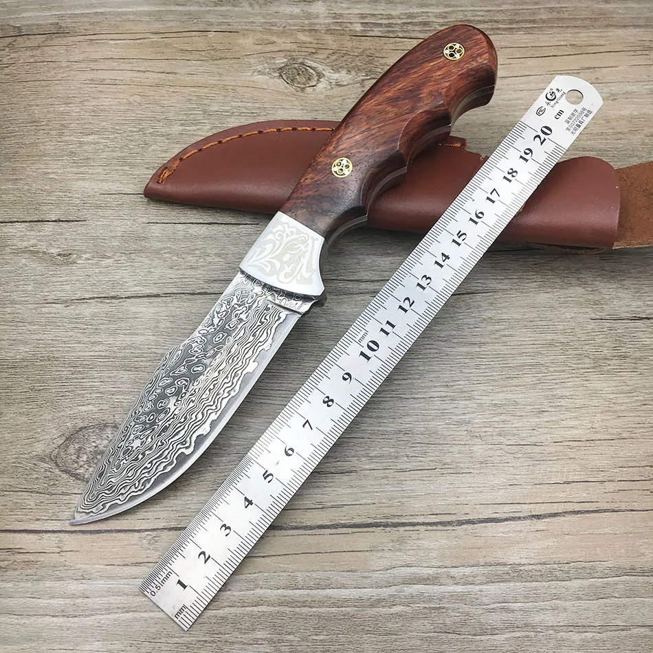 Comprar Cuchillo de caza Damasco forjado hecho a mano cuchillo fijo mango de ébano cuchillo recto de acero damasco