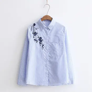 

Women Stripe Print Shirt Casual Long Sleeve Blouse Flower Embroidery Lapel Collar Blouse Female Tops