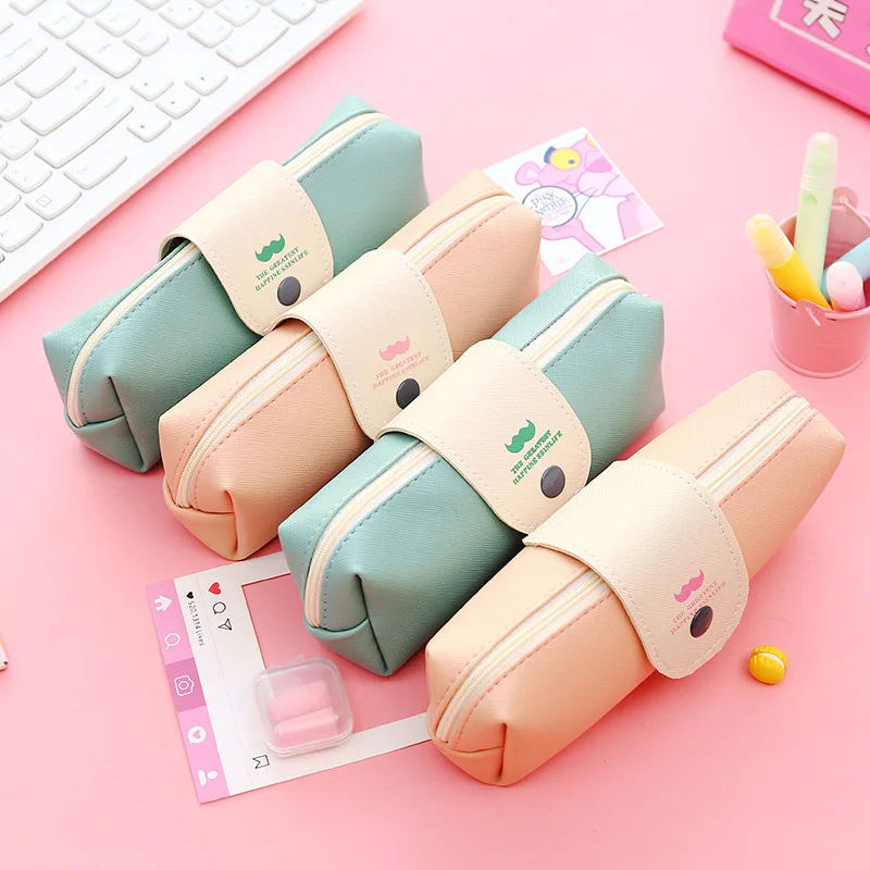 

Small Fresh Beard Pencil Bag PU Large Capacity Student Stationery Bag Simple Button Pencil Case