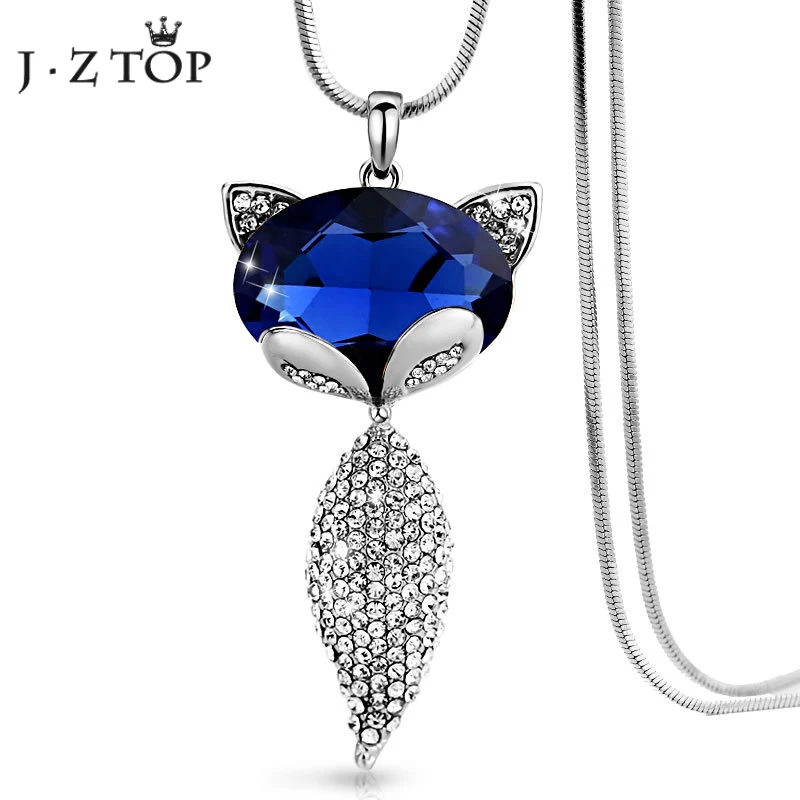 

JZTOP Cute Animal Fox Pendant Necklace Bijoux Fashion Collier Crystal Rhinestone Long Sweater Chain Female Silver Colar Jewelry