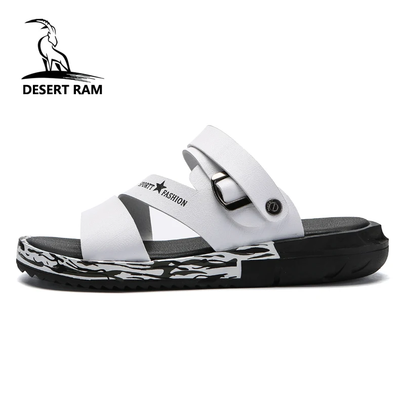 

DESERT RAM Brand 2018 Fashion Casual Band Sandals Summer Black White Sandalias Leather Slides Shoes Men Beach Slippers Mens Shoe
