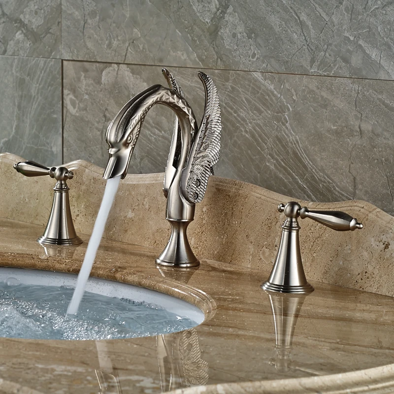 Elegant Swan Bathroom Basin Sink Faucet Widespread Dual Handles Hot and Cold Water Mixer Taps Brushed