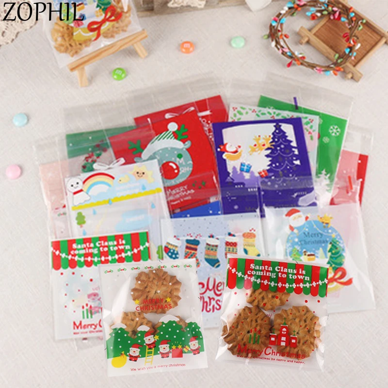 

ZOPHIL 50pcs 10*10 Merry Christmas Decorations Self-adhesive Cartoon OPP Gifts Bags DIY Cookie Candy Bread bag Xmas Party Favors