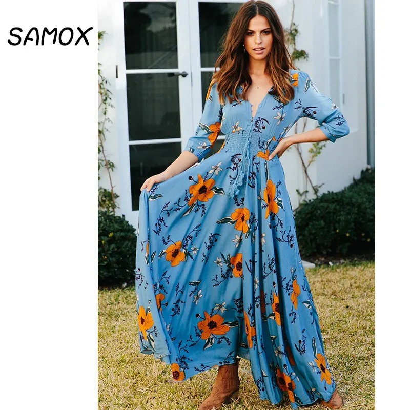 

JSMY 2019 New Summer Maxi Dress Fashion Women Bohemian Style Sexy V-neck Button Seven-quarter Sleeve Big Swing Dress