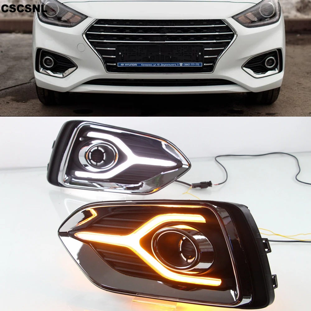 

CSCSNL 2PCS Yellow Turn Signal Function 12V Car DRL LED For Hyundai Accent Solaris 2017 2018 2019 Daytime Running Light Fog Lamp