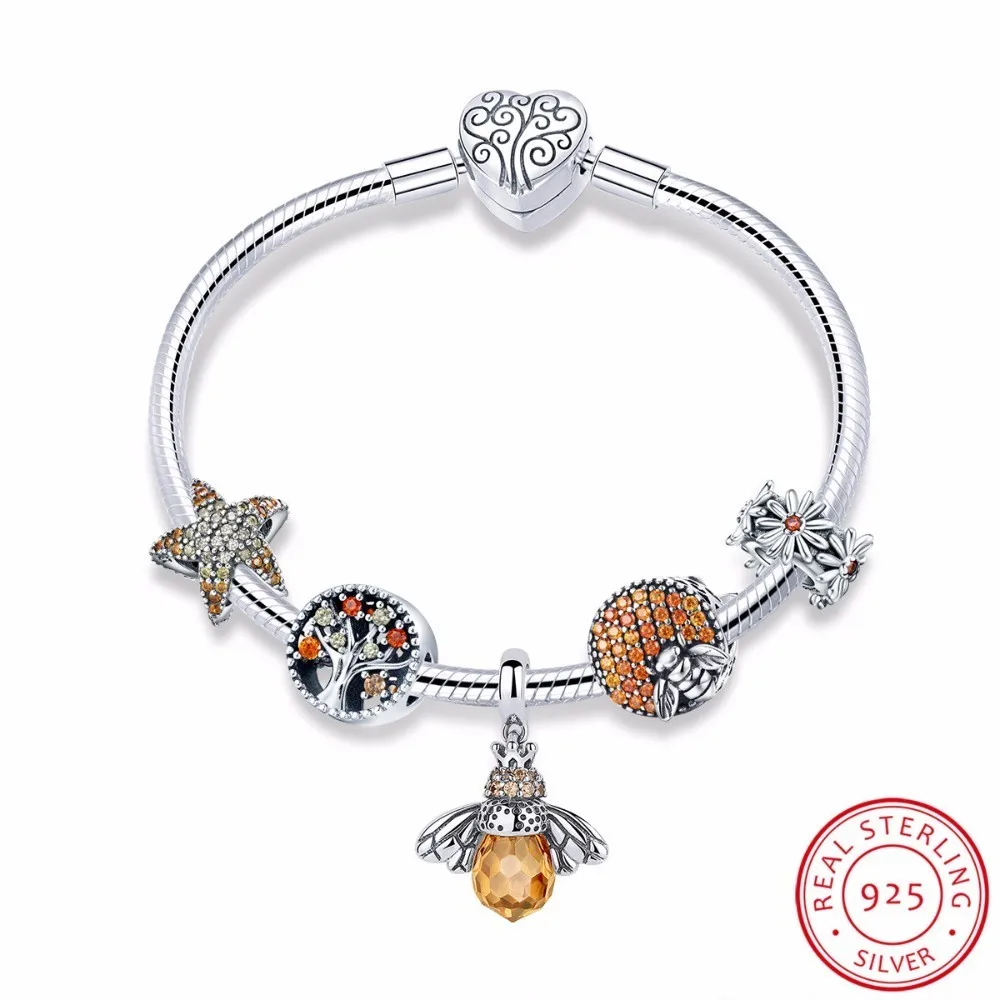 

925 Sterling Silver Trendy Insect Bee Pendant Starfish Charm Bracelets Bangles for Women Sterling Silver Jewelry SCB805