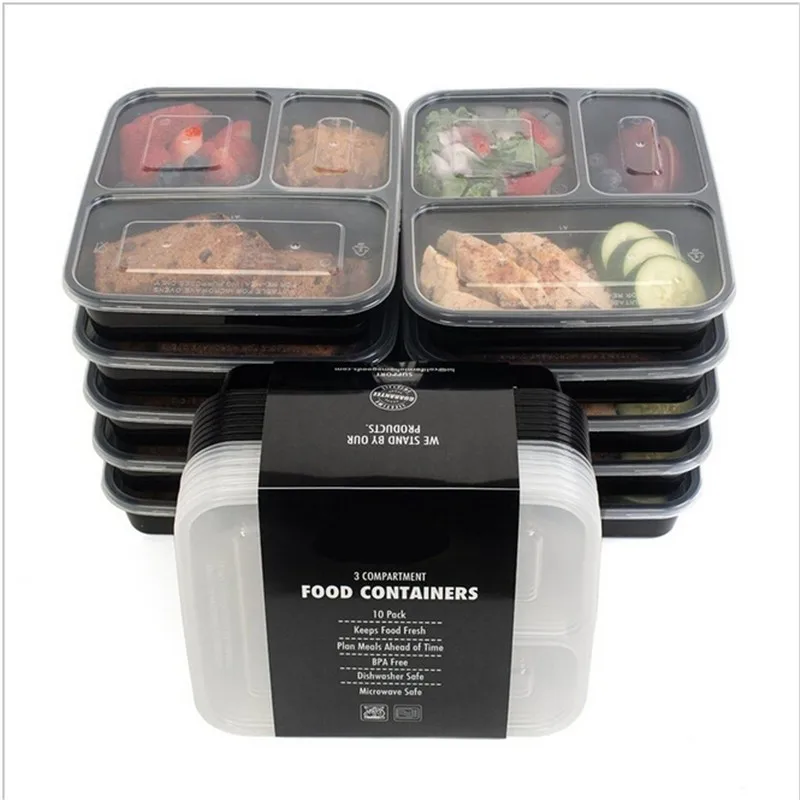 

3 Compartment Plastic Food Storage Containers with Lids, Microwave and Dishwasher Safe, Bento Lunch Box, Set of 10