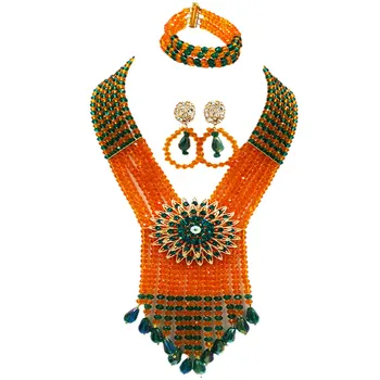 

Teal Green Army Green and Orange Nigerian Wedding African Beads Jewelry Set Crystal Necklace Bracelet Earrings 6SDLS10