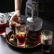 5 шт., полосатая Золотая оправа, стеклянная чашка, бутылка для вина, виски и бренди, бокал для вина, большая емкость, для бара, отеля, вечерние, для дома, набор посуды для напитков