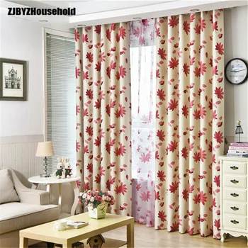 

Black Silk Whole Shading Printing Curtain Fabric, Red Maple Leaf Curtain Cloth,Curtains for Living Dining Room Bedroom