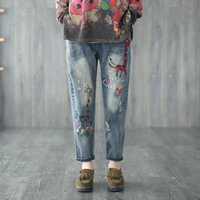 Jeans Women Casual Denim Ankle-Length Boyfriend Pants Women embroidery Pants Casual Cartoon pattern Harem Pants Female