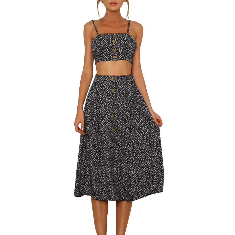 

2019 HOT Sale Women Casual Strappy Printed lace-up Tank Two-Piece Sling Long Print Dress Sets dropship