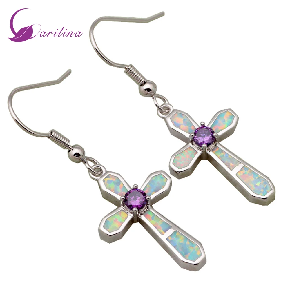 

Love Gift Unique Design Cross White Opal & Purple Zircon 925 Sterling Silver Jewelry earrings for woman bijouterie E294