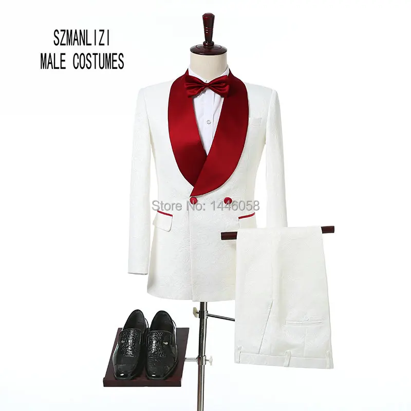 

2018 Latest Coat Pant Designs White Printed Formal Wedding Men Dress Double Breasted Suits Slim Fit Groom Wedding Suits For Men