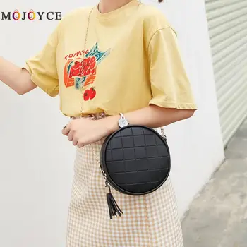 

Solid Color Plaid PU Leather Shoulder Bag Handbags Women Small Round Tassel Mini Crossbody Bags